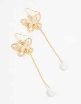 Sturdy Design Star-Shaped Decoration Gold Plated Pearl Butterfly Long Drop Earrings