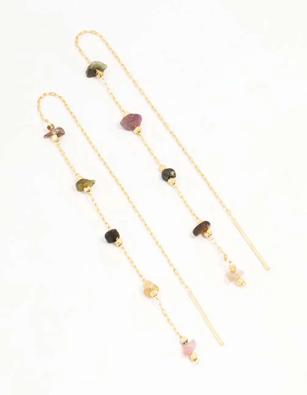 Gold Plated Semi Precious Station Thread Through Earrings Oval Piece Secure Accent