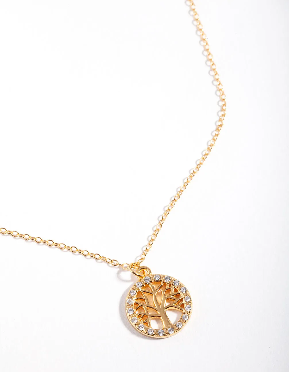 Initial Adornment Artisan Piece Gold Plated Sterling Silver Cubic Zirconia Tree of Life Necklace