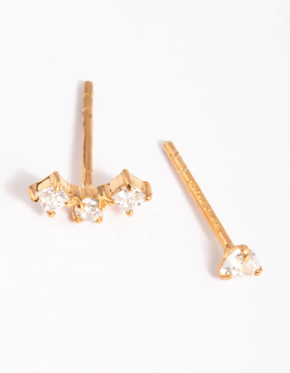 Gold Plated Sterling Silver Mismatched Diamante Stud Earrings Petite Adornment
