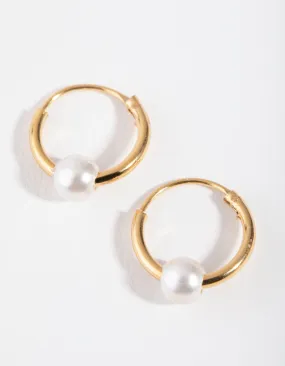 Gold Plated Sterling Silver Pearl Beaded Hoop Earrings Geometric Accessory