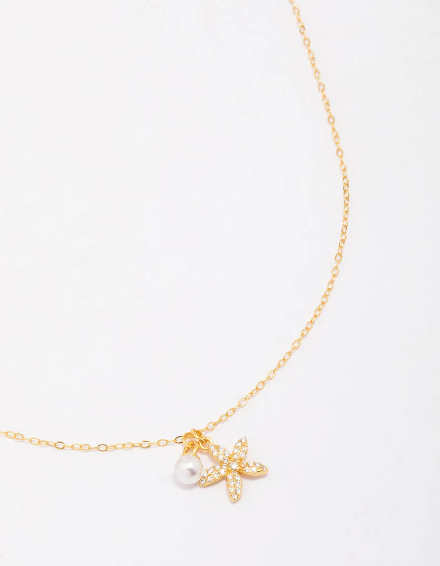 Gold Plated Sterling Silver Starfish Freshwater Pearl Chain Necklace Artful Style Decorative Pendant Accessory