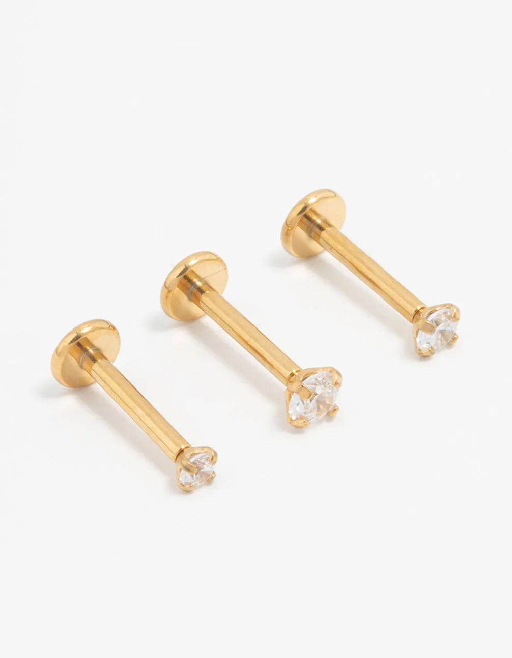 Minimalist Option Gold Plated Surgical Steel Classic Cubic Zirconia Flat Backs 3-Pack