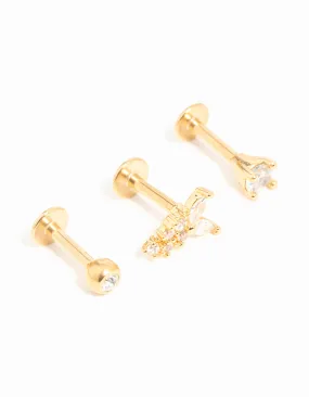 Safe Creation Gold Plated Surgical Steel Cubic Zirconia Butterfly Flat Back Studs 3-Pack