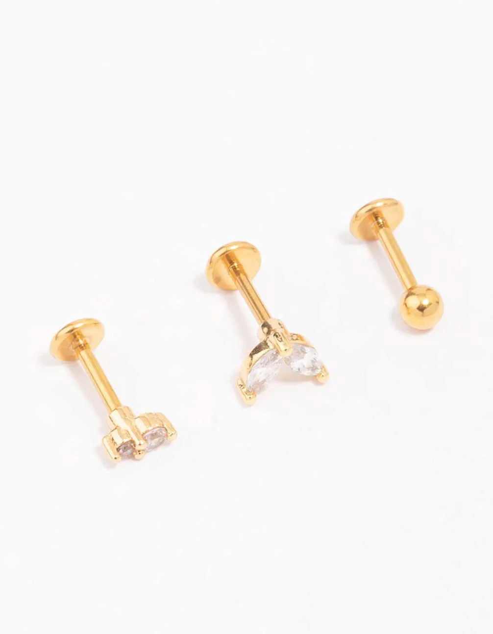 Gold Plated Surgical Steel Cubic Zirconia Double Marquise Flat Back 3-Pack Dainty Jewelry