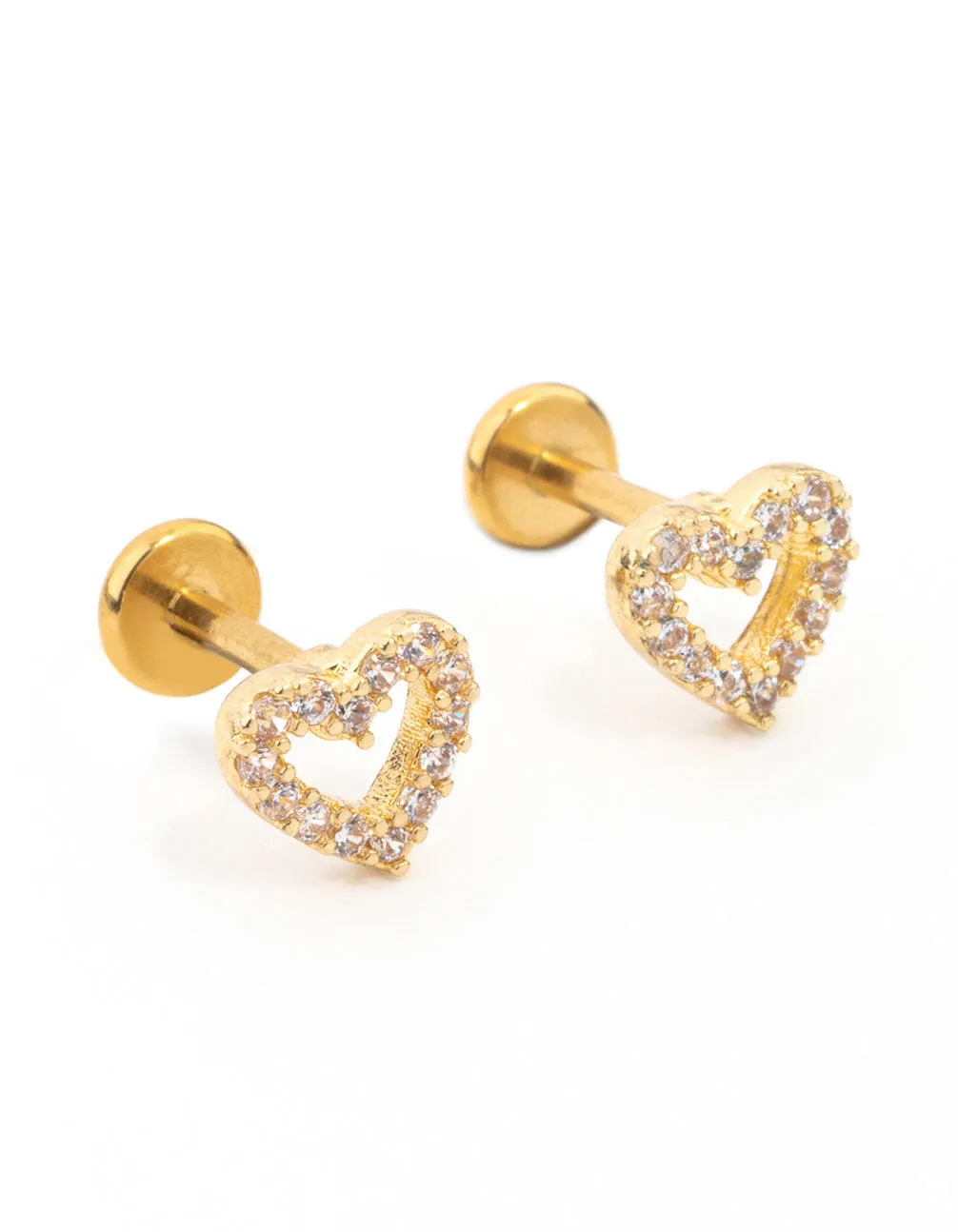Gold Plated Surgical Steel Cubic Zirconia Open Heart Flat Back 2-Pack Sparkling Item