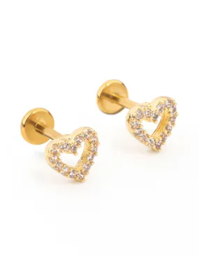 Glittering Accent Gold Plated Surgical Steel Cubic Zirconia Open Heart Flat Back 2-Pack