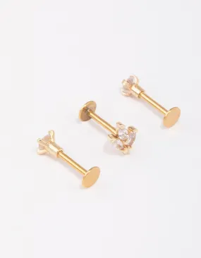 Gold Plated Surgical Steel Triangular Leaf Flat Back 3-Pack Contemporary Feature Heart-Shaped Item