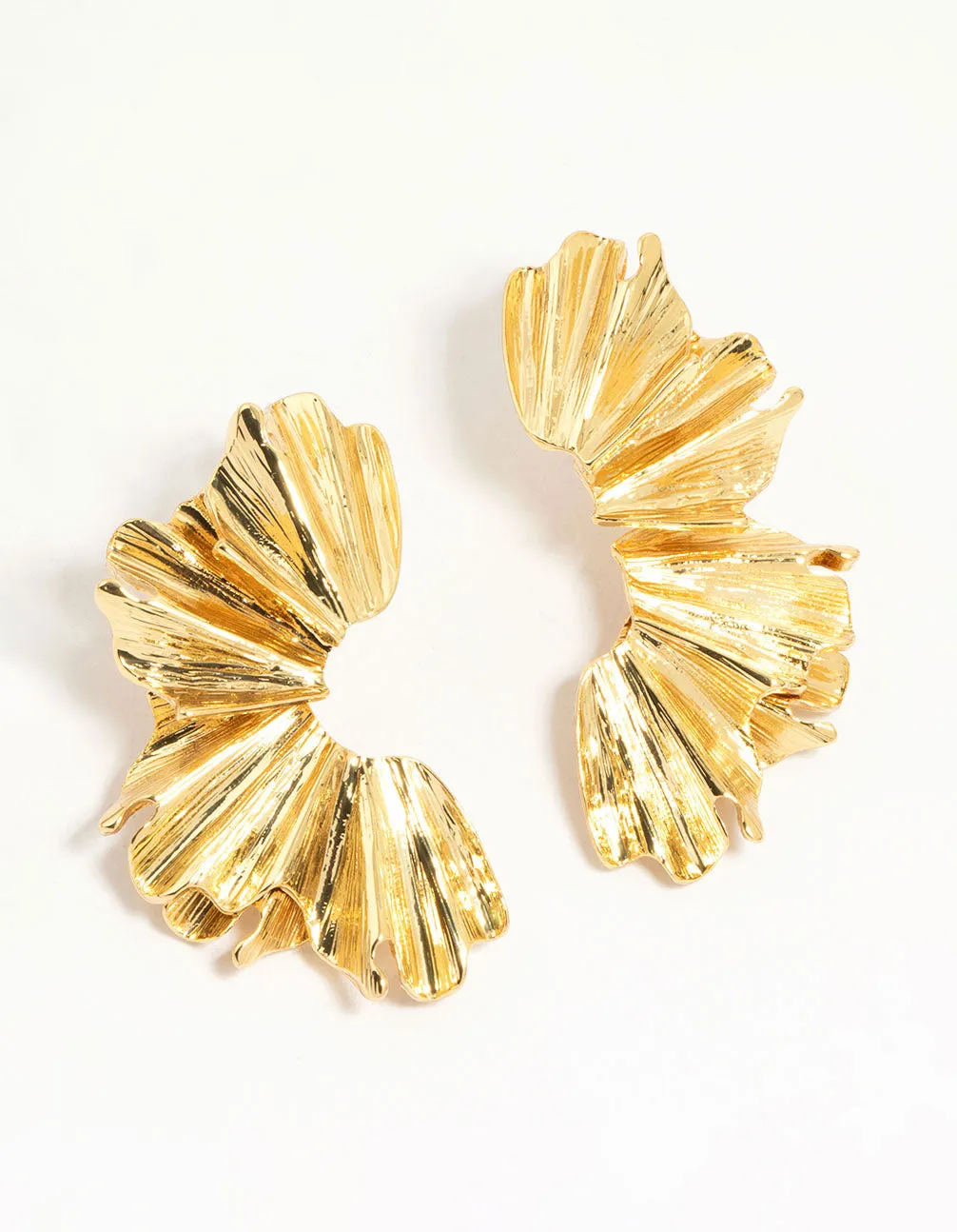 Gold Plated Textured Fan Stud Earrings Substantial Accessory