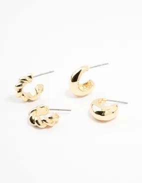 Gold Plated Twist & Smooth Hoop Earrings 2-Pack Brilliant Detail