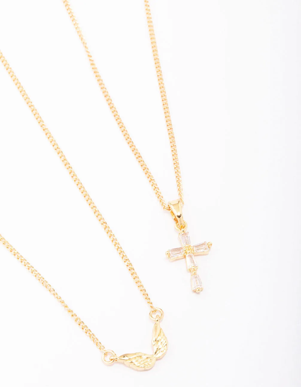 Gold Plated Wings & Diamante Cross Necklace 2-Pack Comfort Wear