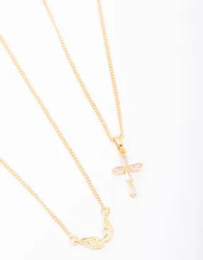 Chic Item Gold Plated Wings & Diamante Cross Necklace 2-Pack