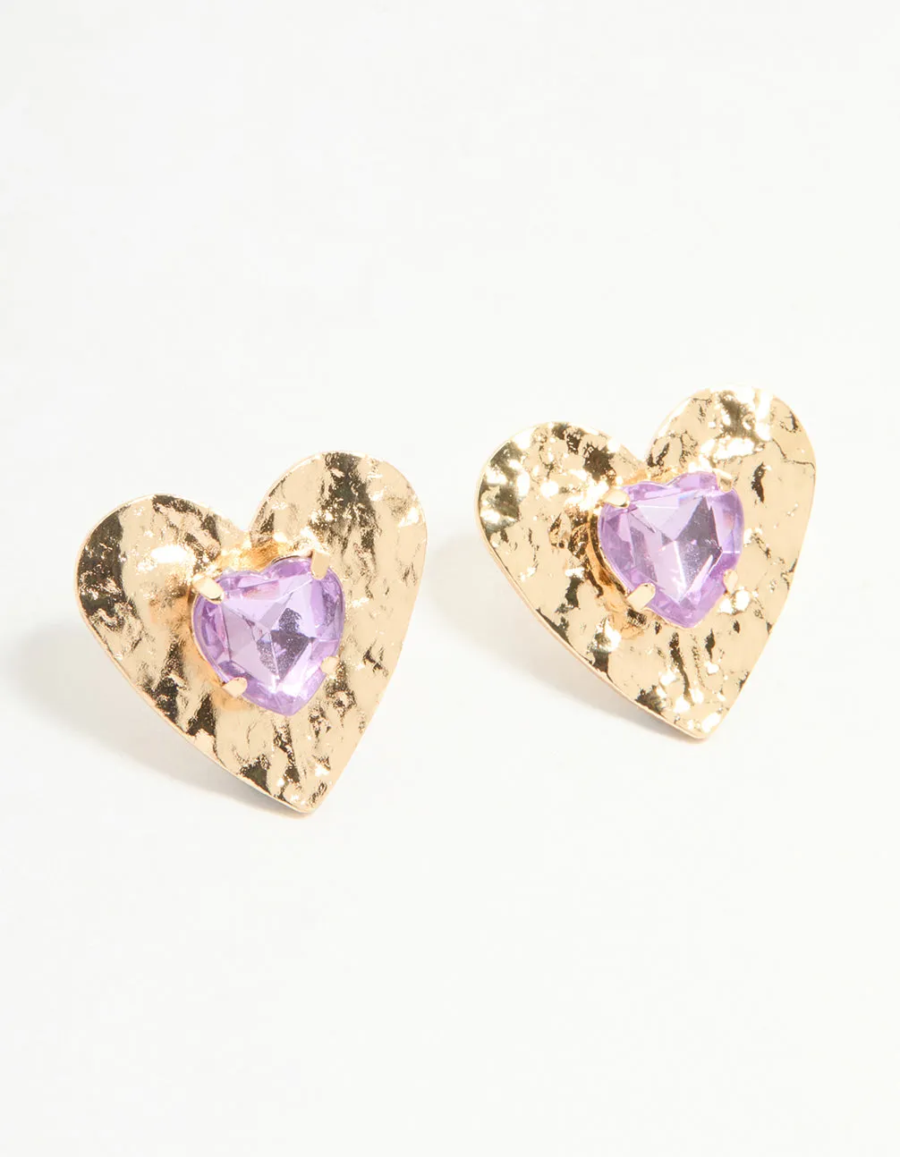 Beautiful Selection Modernist Adornment Gold Purple Diamante Heart Center Stud Earrings