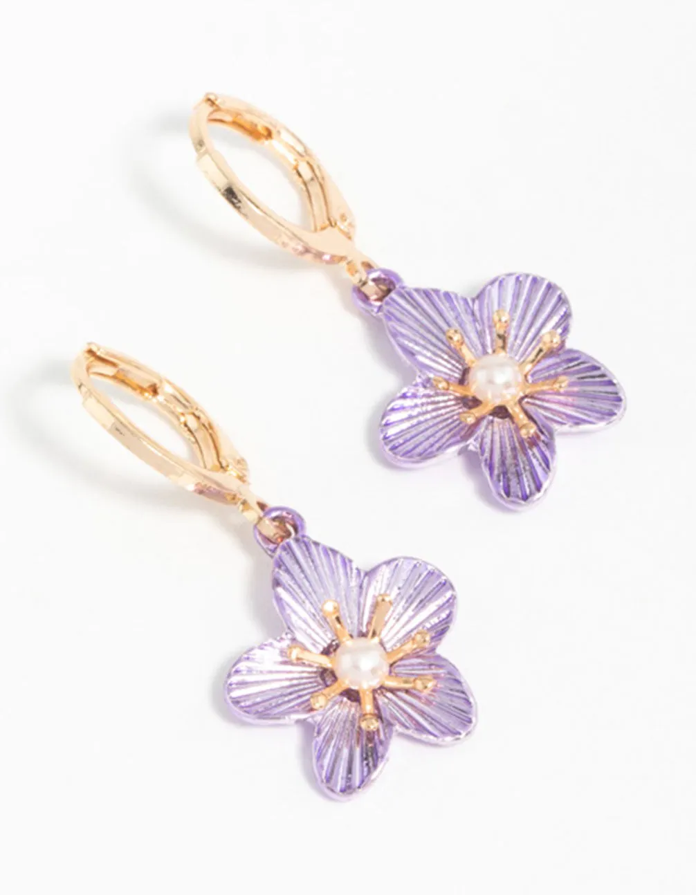Circular Piece Safe Detail Gold Purple Pearl Flower Drop Earrings
