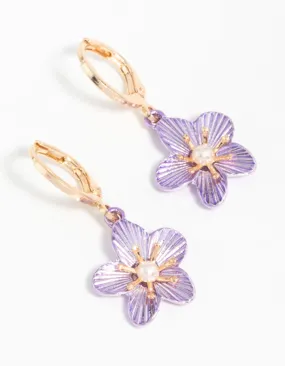 Circular Piece Safe Detail Gold Purple Pearl Flower Drop Earrings