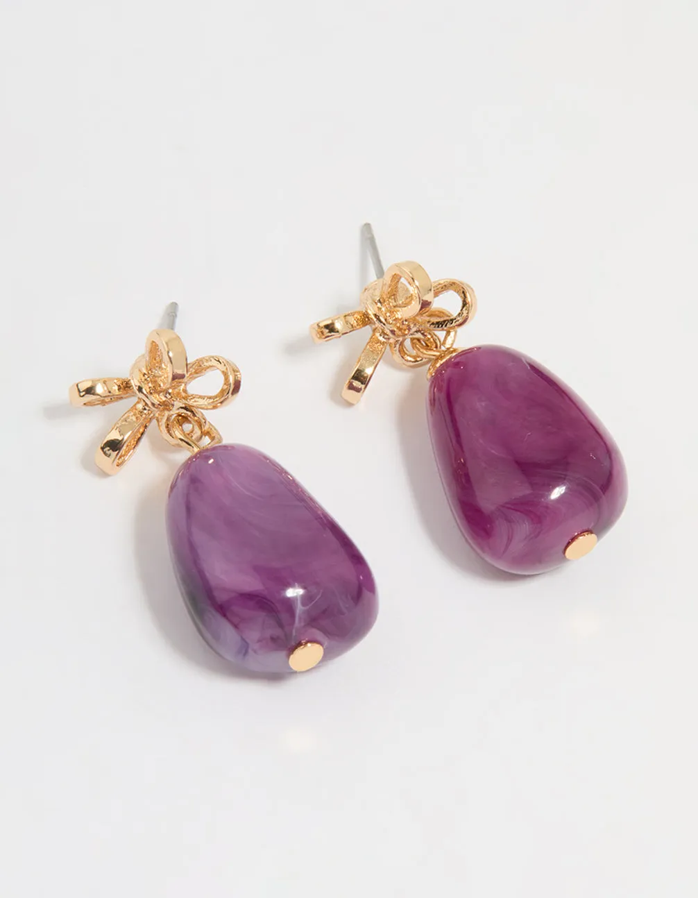 Gold Purple Stone & Bow Drop Earrings Fashionable Style