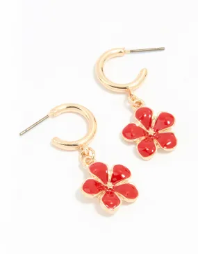 Oversized Item Exquisite detail Gold Red Flower Hoop Earrings