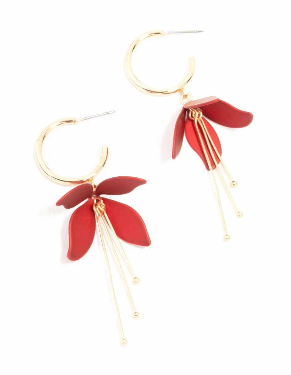 Gold Red Pearlised Flower Drop Earrings Stylish Must-Have Everyday Jewelry