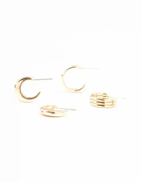 Sturdy Adornment Vintage Creation Gold Ribbed & Plain Hoop Earrings 2-Pack