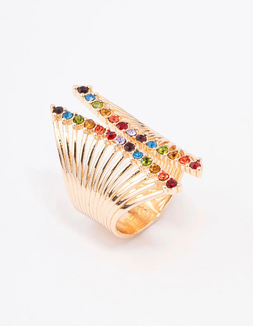 Beautiful Art Gold Ribbed Cage Cocktail Ring