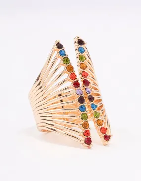 Multicolor Design Gold Ribbed Cage Cocktail Ring