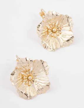 Straight Adornment Sophisticated Item Gold Textured Flower Hoop Earrings