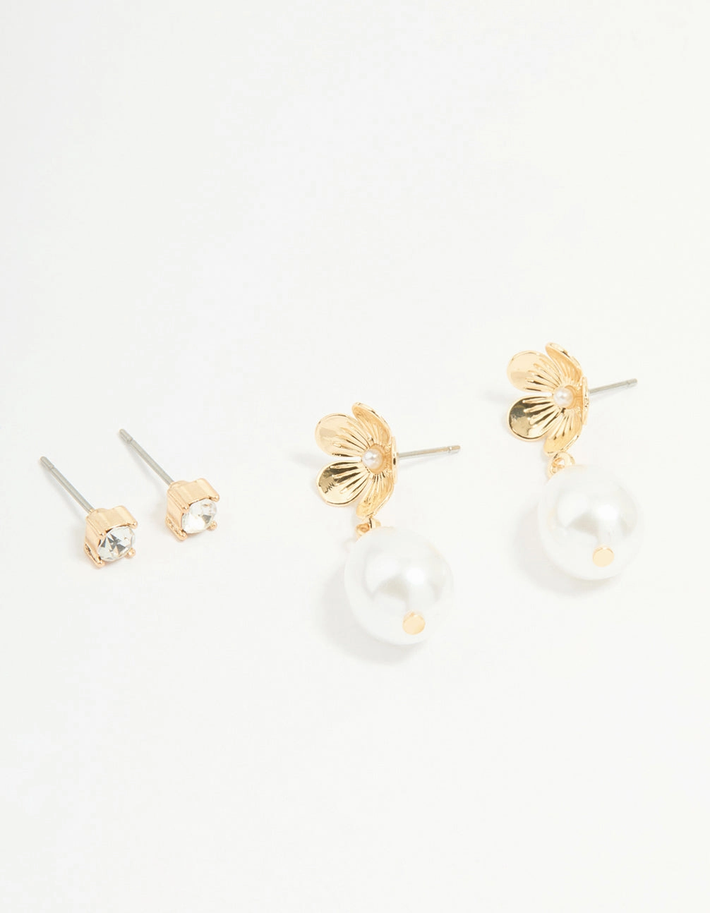 Gold Pearl Flower & Diamante Stud Earrings 2-Pack Sophisticated Element