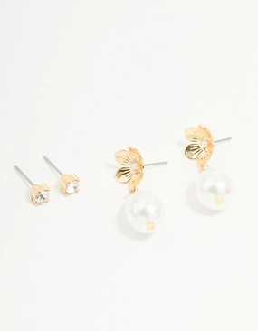 Gold Pearl Flower & Diamante Stud Earrings 2-Pack Sophisticated Element