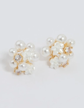 Gold Plated Cubic Zirconia Pearl Cluster Stud Earrings Lightweight Essential Embellished Embellishment