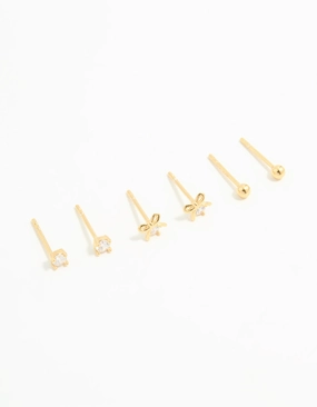 Sturdy Essential Gold Plated Sterling Silver Bow & Sleek Earrings 3-Pack