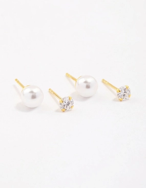 Gold Plated Sterling Silver Pearl & Cubic Zirconia Stud Earring Pack Magnificent Ornament Shiny Embellishment
