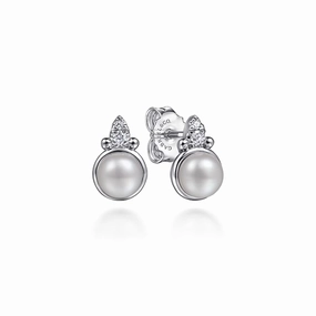 Night Out Look Sterling Silver Bujukan Stud Pearl and Diamond Earrings
