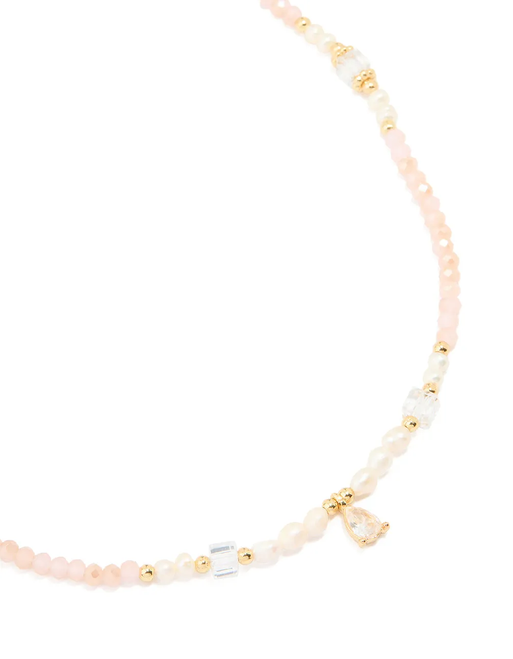 Great gift Graceful Look Gold Plated Rose Quartz Freshwater Pearl Cubic Zirconia Beaded Necklace