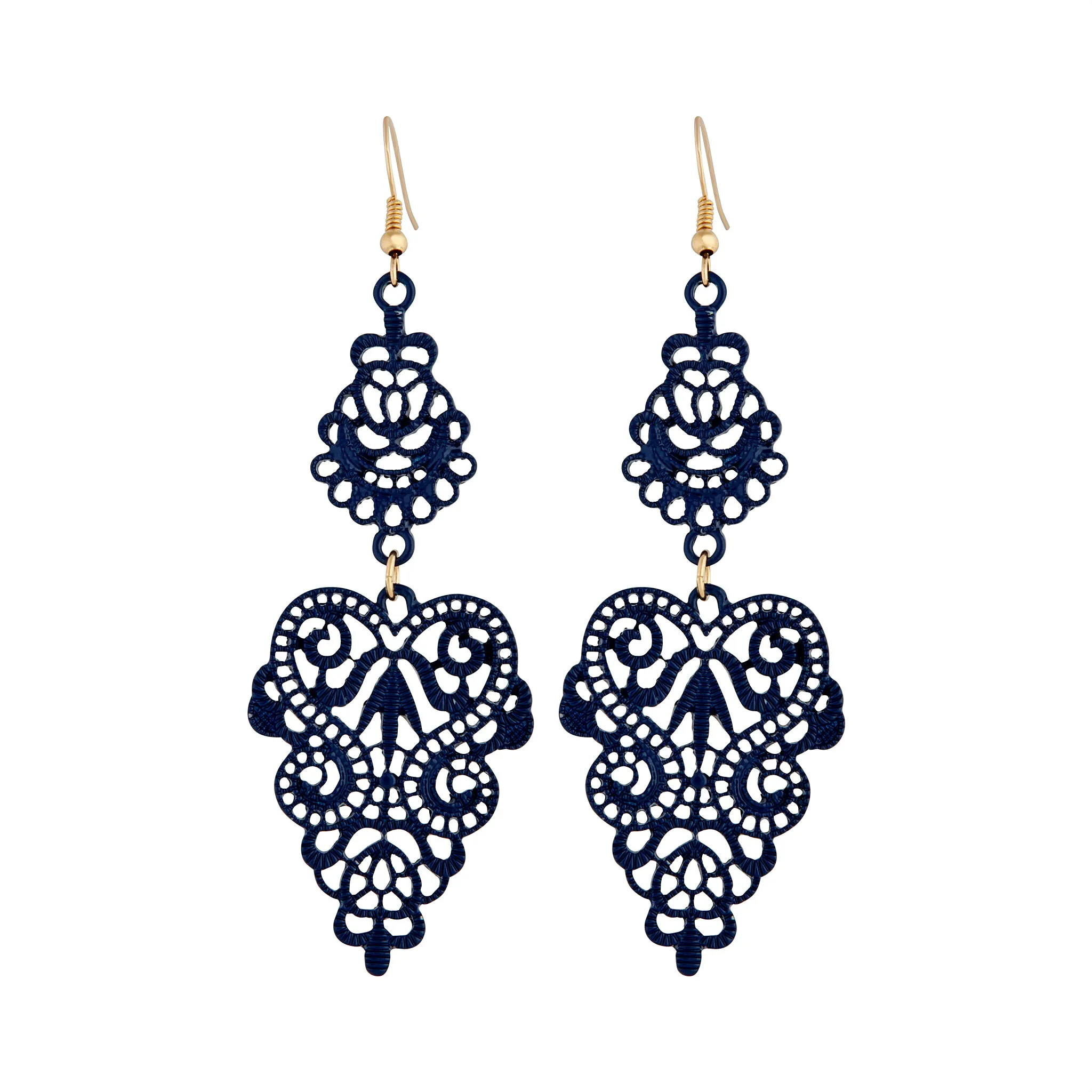 Glittering Decor Glossy Item Blue Metal Filigree Drop Earrings