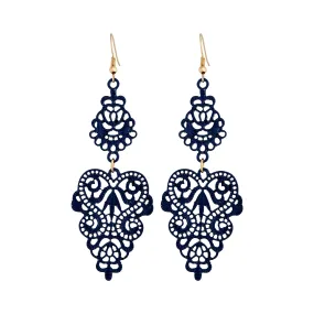 Glittering Decor Glossy Item Blue Metal Filigree Drop Earrings