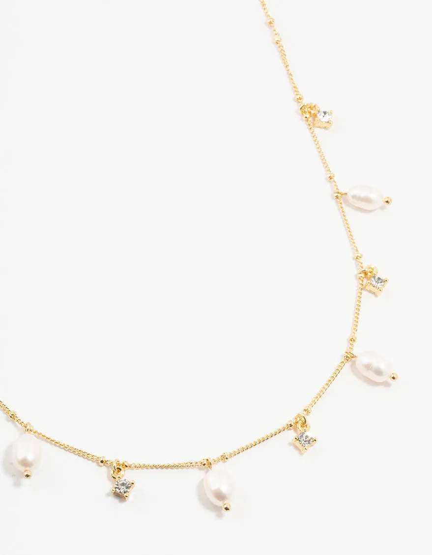 Gold Plated Alternating Pearl & Cubic Zirconia Station Necklace Vintage Highlight Lucky Charm