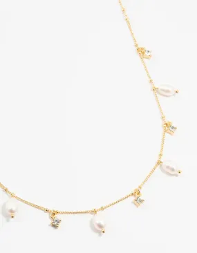 Gold Plated Alternating Pearl & Cubic Zirconia Station Necklace Chic Style Distinct Accent