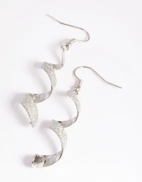 Delicate Look Elegant Ornament Silver Glitter Ribbon Drop Earrings