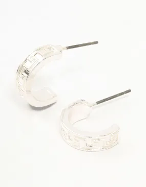 Glittering Item Comfortable Essential Silver Wide Greek Key Huggie Earrings