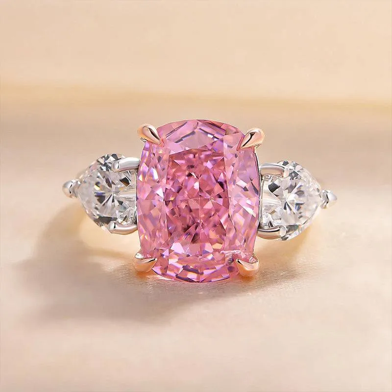 Louily Elegant Cushion Cut Three Stone Pink Sapphire Engagement Ring In Sterling Silver Luxury Pieces