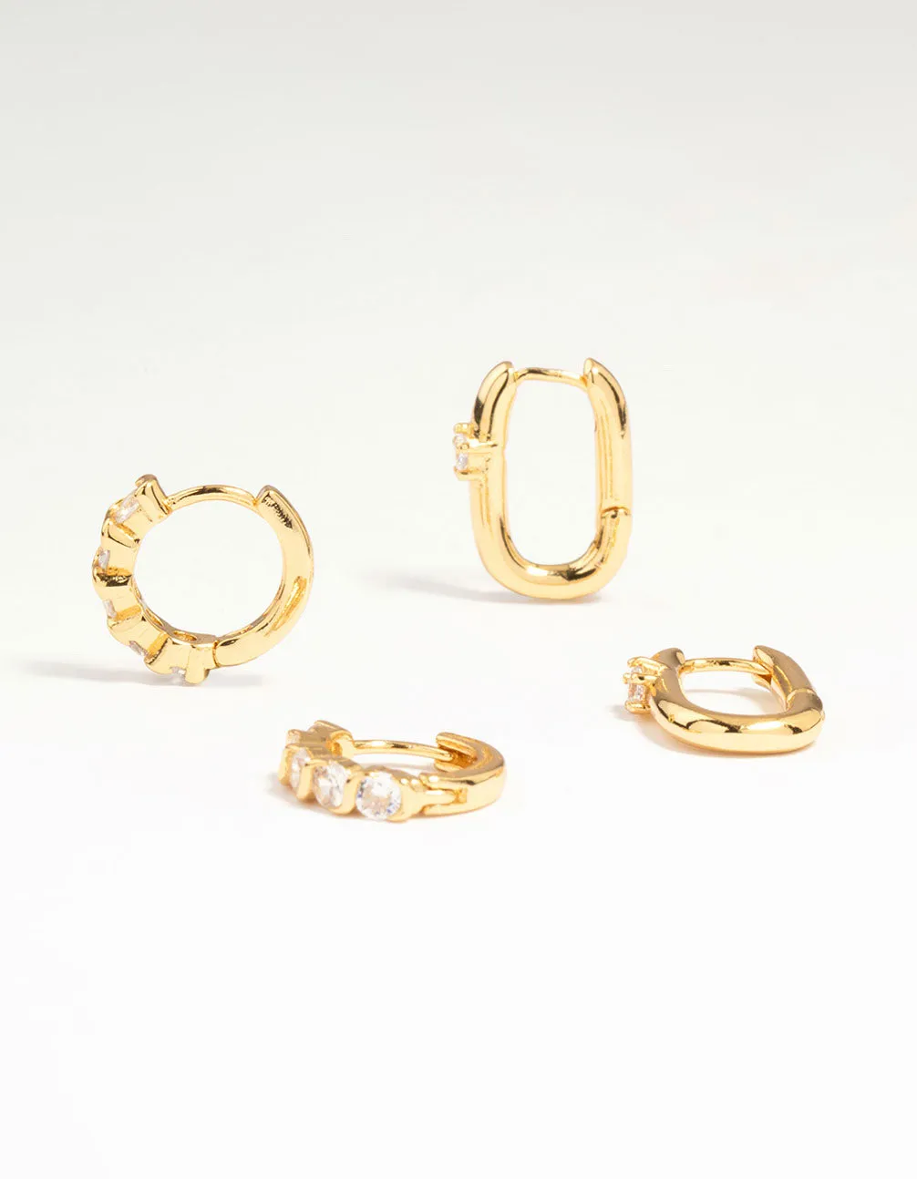 Brilliant Element Gold Plated Brass Cubic Zirconia & Oval Huggie Earrings 2-Pack