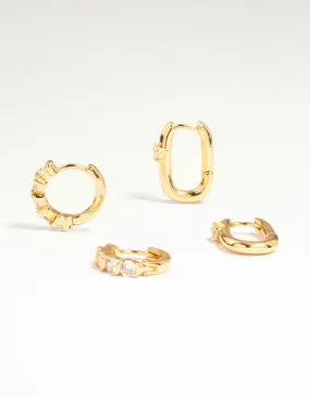 Shiny appearance Winter Adornment Gold Plated Brass Cubic Zirconia & Oval Huggie Earrings 2-Pack