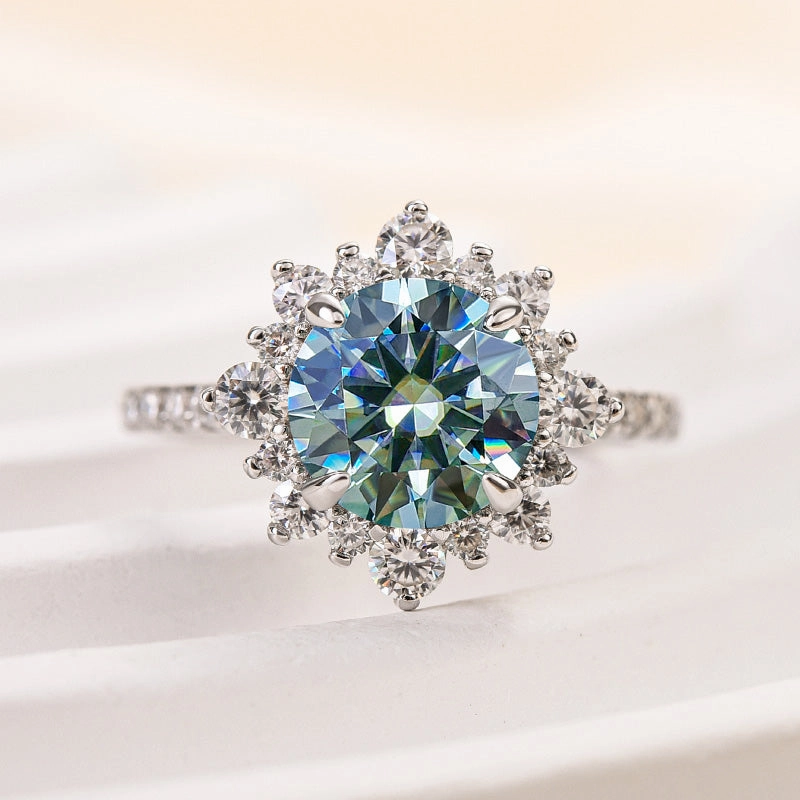 Louily Snowflake Design Halo Round Cyan Blue Moissanite Stone Engagement Ring In Sterling Silver Silk Finish