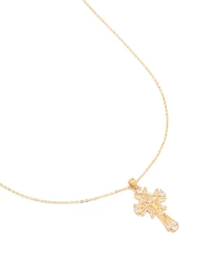 Festive Gift Lovely Ornament Gold Plated Cubic Zirconia Baguette Cross Pendant Necklace