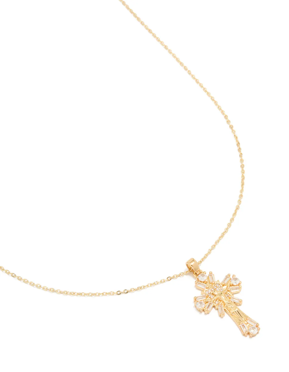 Gold Plated Cubic Zirconia Baguette Cross Pendant Necklace Cultural Gift