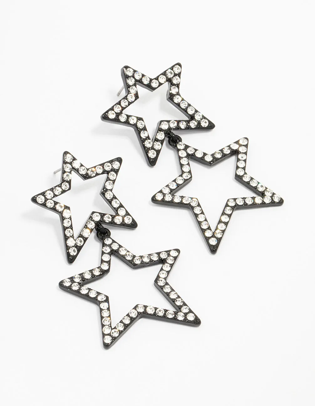 Bright Trinket Futuristic Piece Gunmetal Diamante Double Star Drop Earrings