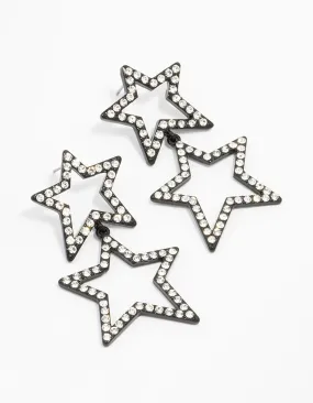 Bright Trinket Futuristic Piece Gunmetal Diamante Double Star Drop Earrings