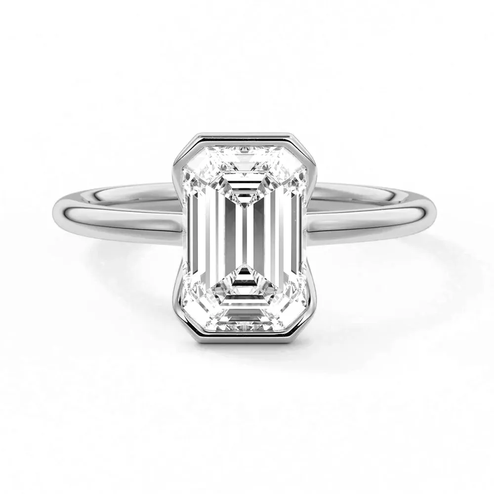 Half Bezel Moissanite Emerald Cut Engagement Ring Modern Keepsake Petite Design