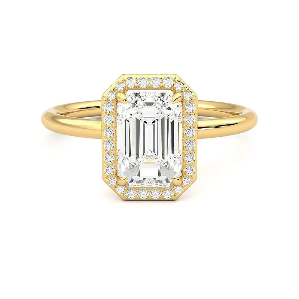 Gala Accent Halo Emerald Cut Moissanite Engagement Ring with Hidden Anniversary Stone Accent