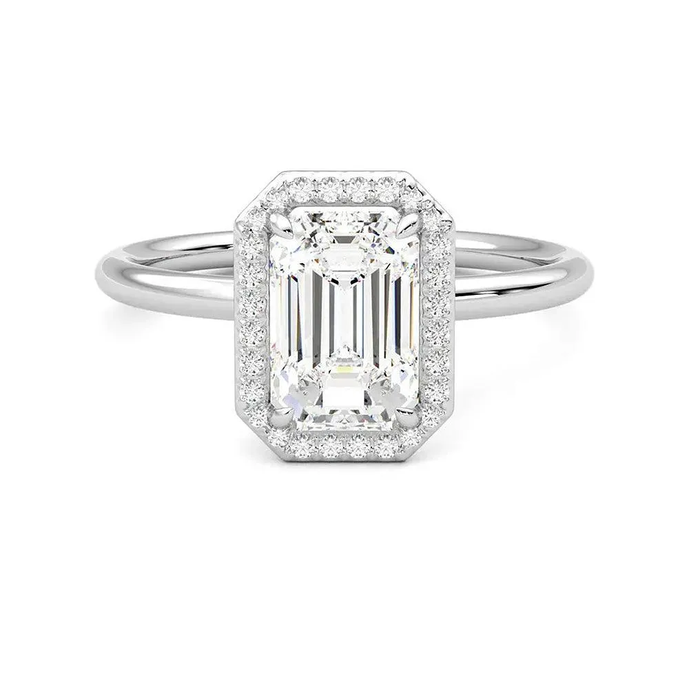 Halo Emerald Cut Moissanite Engagement Ring with Hidden Anniversary Stone Accent Sentimental Work Dynamic Style
